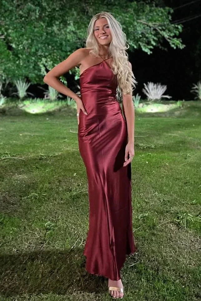 Simple Satin Sheath Halter Party Prom Dress P2598