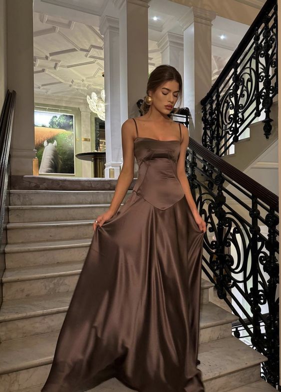 Simple Brown Spaghetti Straps A Line Prom Dress Party Dress  P1005