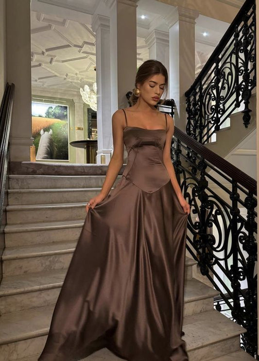 Simple Brown Spaghetti Straps A Line Prom Dress Party Dress  P1005