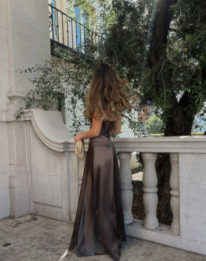 Simple Brown Spaghetti Straps A Line Prom Dress Party Dress  P1005