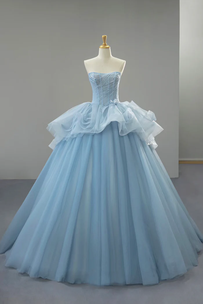 Sky Blue Ball Gown Tulle Prom Dress Strapless Formal Evening Dress  P648