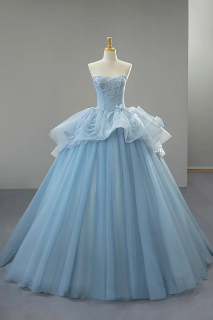 Sky Blue Ball Gown Tulle Prom Dress Strapless Formal Evening Dress  P648
