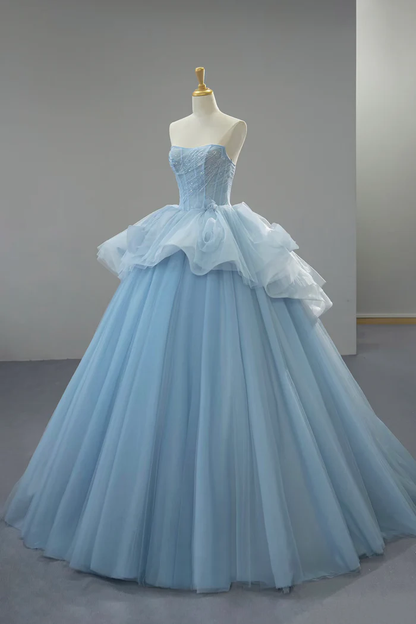 Sky Blue Ball Gown Tulle Prom Dress Strapless Formal Evening Dress  P648