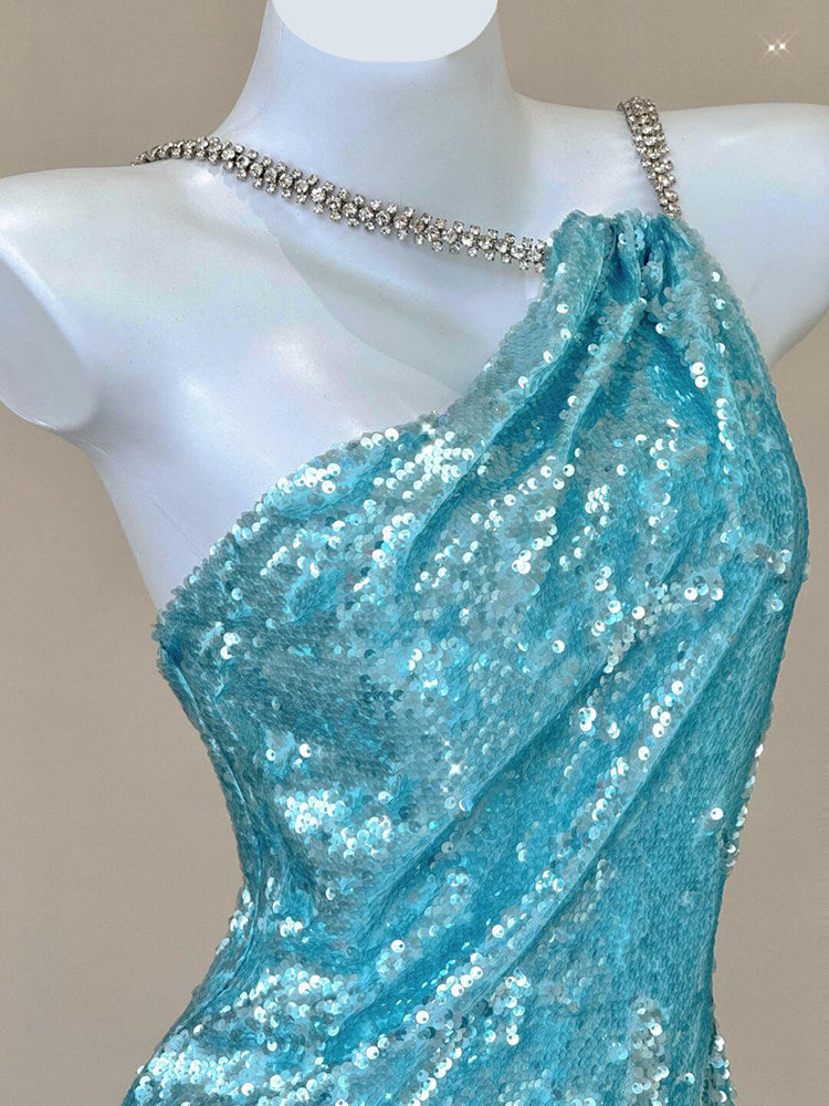 Sky Blue Sequin Mermaid Evening Dress Backless Sparkle Prom Dress  P785