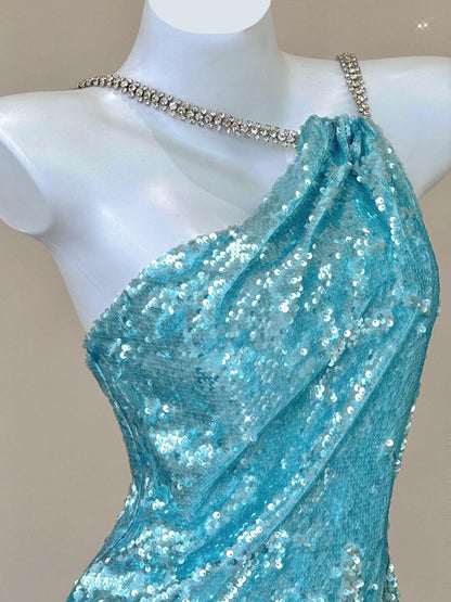 Sky Blue Sequin Mermaid Evening Dress Backless Sparkle Prom Dress  P785
