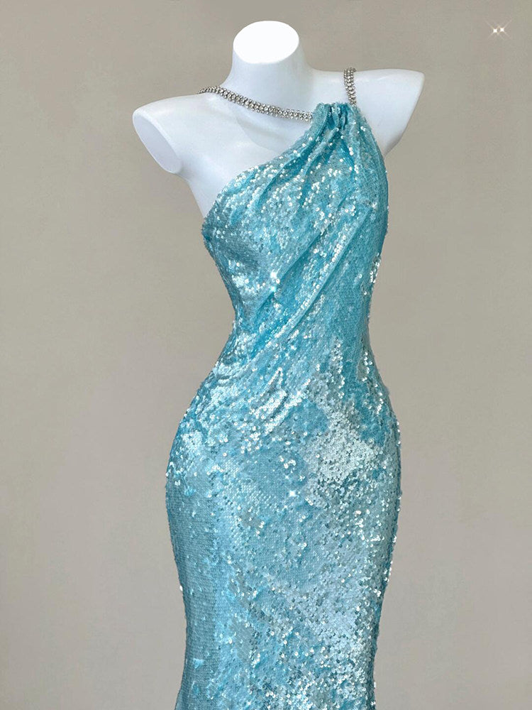 Sky Blue Sequin Mermaid Evening Dress Backless Sparkle Prom Dress  P785