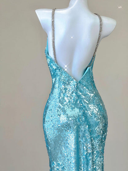 Sky Blue Sequin Mermaid Evening Dress Backless Sparkle Prom Dress  P785