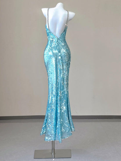 Sky Blue Sequin Mermaid Evening Dress Backless Sparkle Prom Dress  P785