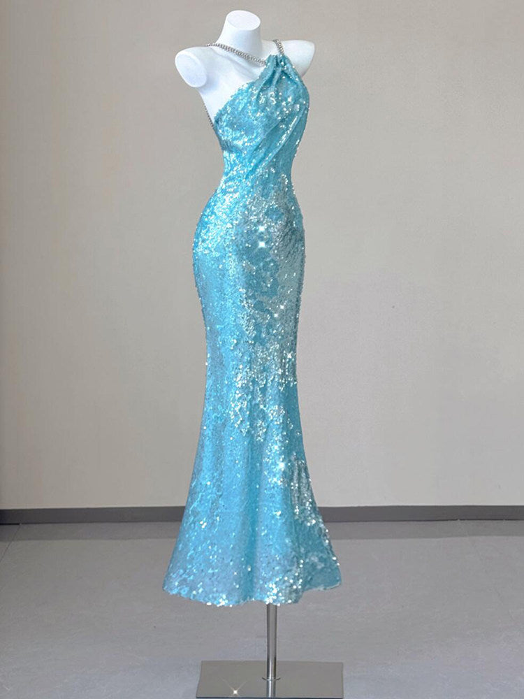 Sky Blue Sequin Mermaid Evening Dress Backless Sparkle Prom Dress  P785