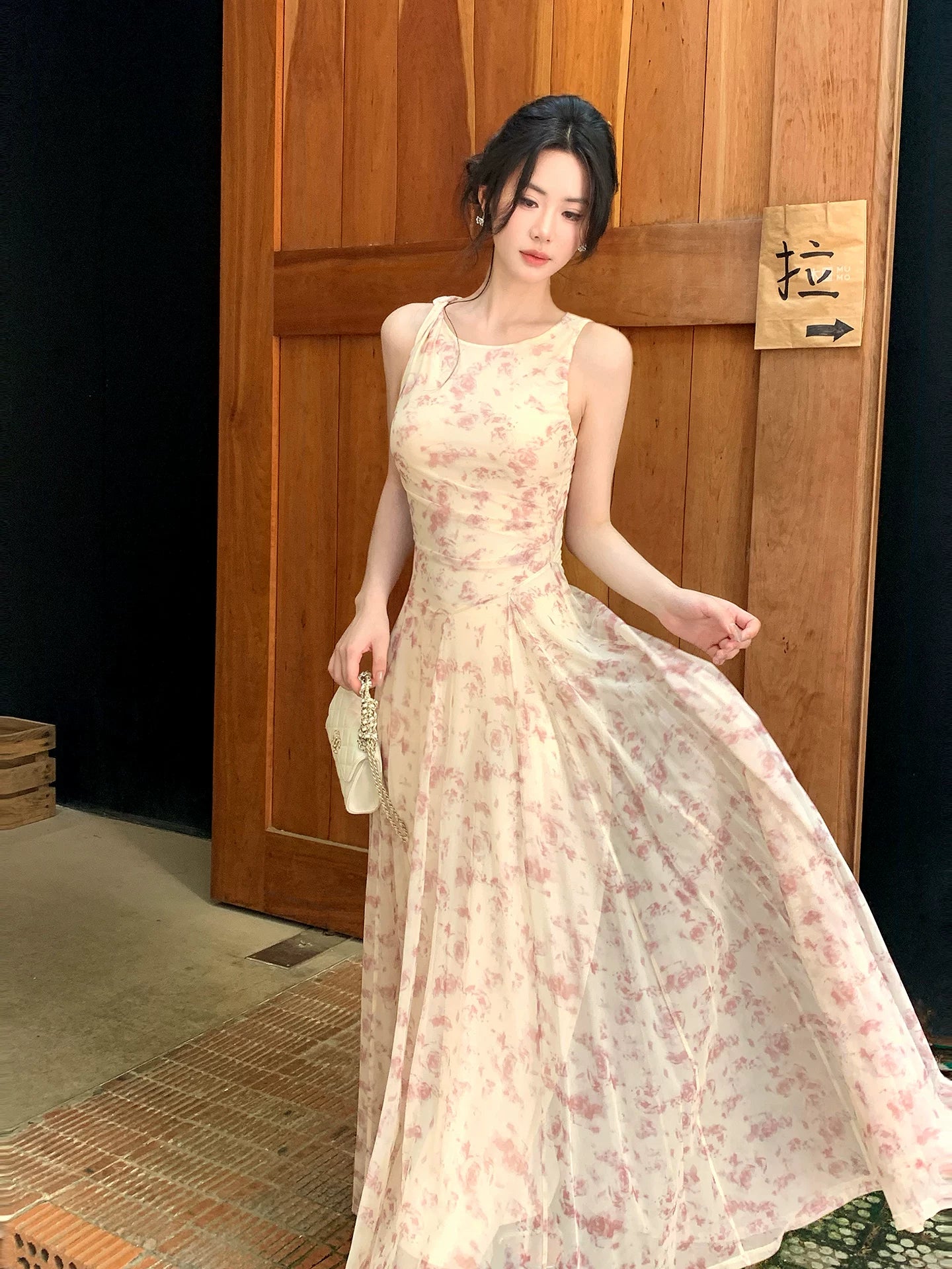 Sleeveless A Line Pink Flora Summer Dress  L154
