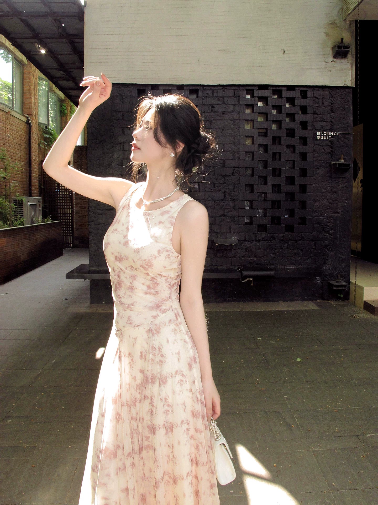 Sleeveless A Line Pink Flora Summer Dress  L154