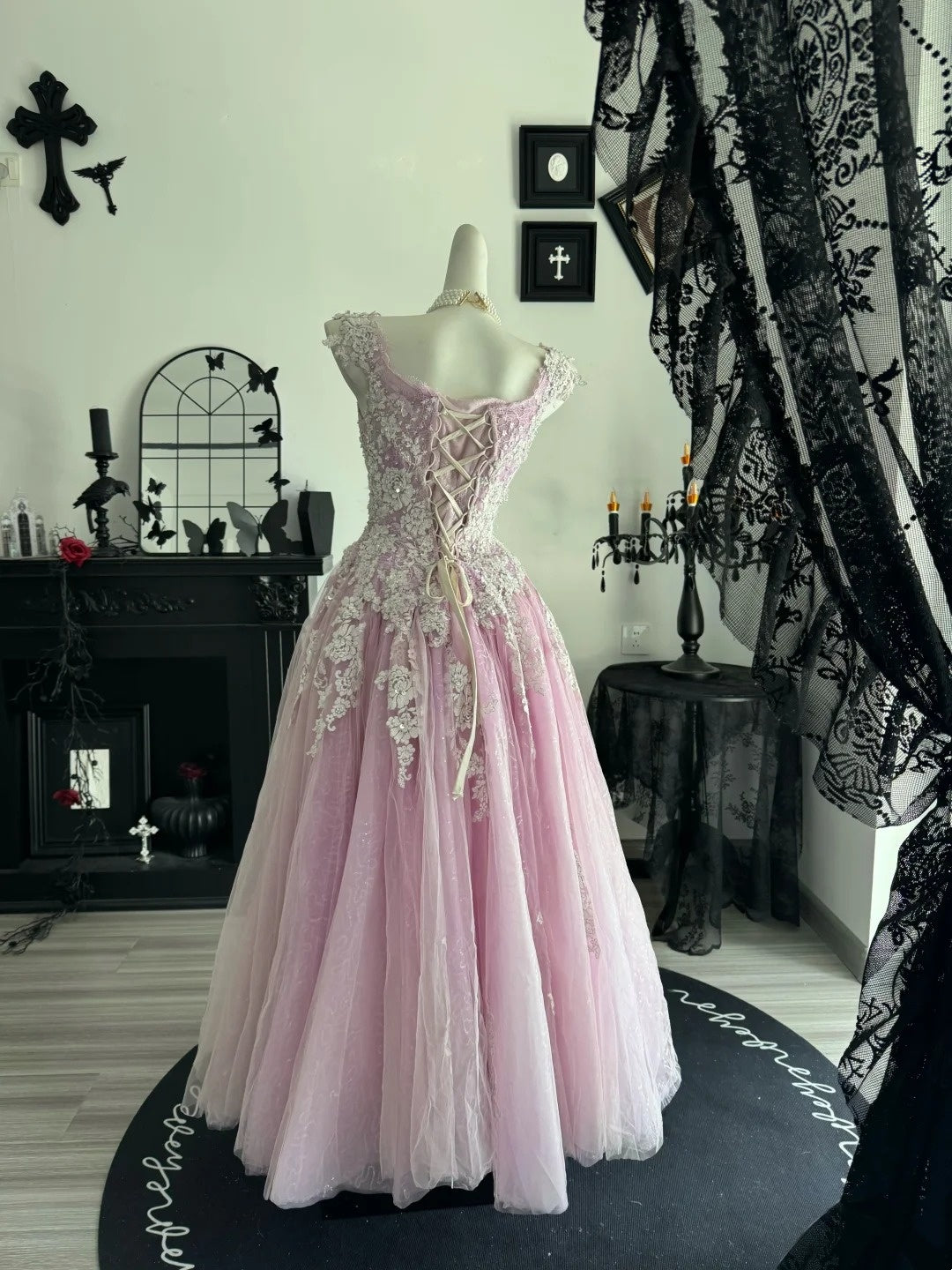 Sleeveless A Line Pink Tulle Prom Dress With Appliques Birthday Gown  P2657