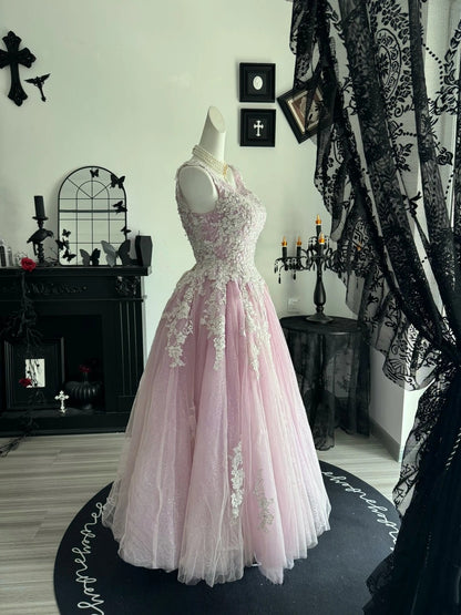 Sleeveless A Line Pink Tulle Prom Dress With Appliques Birthday Gown  P2657