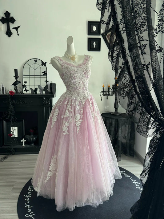 Sleeveless A Line Pink Tulle Prom Dress With Appliques Birthday Gown  P2657