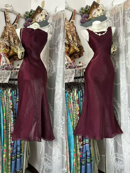 Sleeveless Burgundy Mermaid Evening Dress Birthday Outfit   P2083