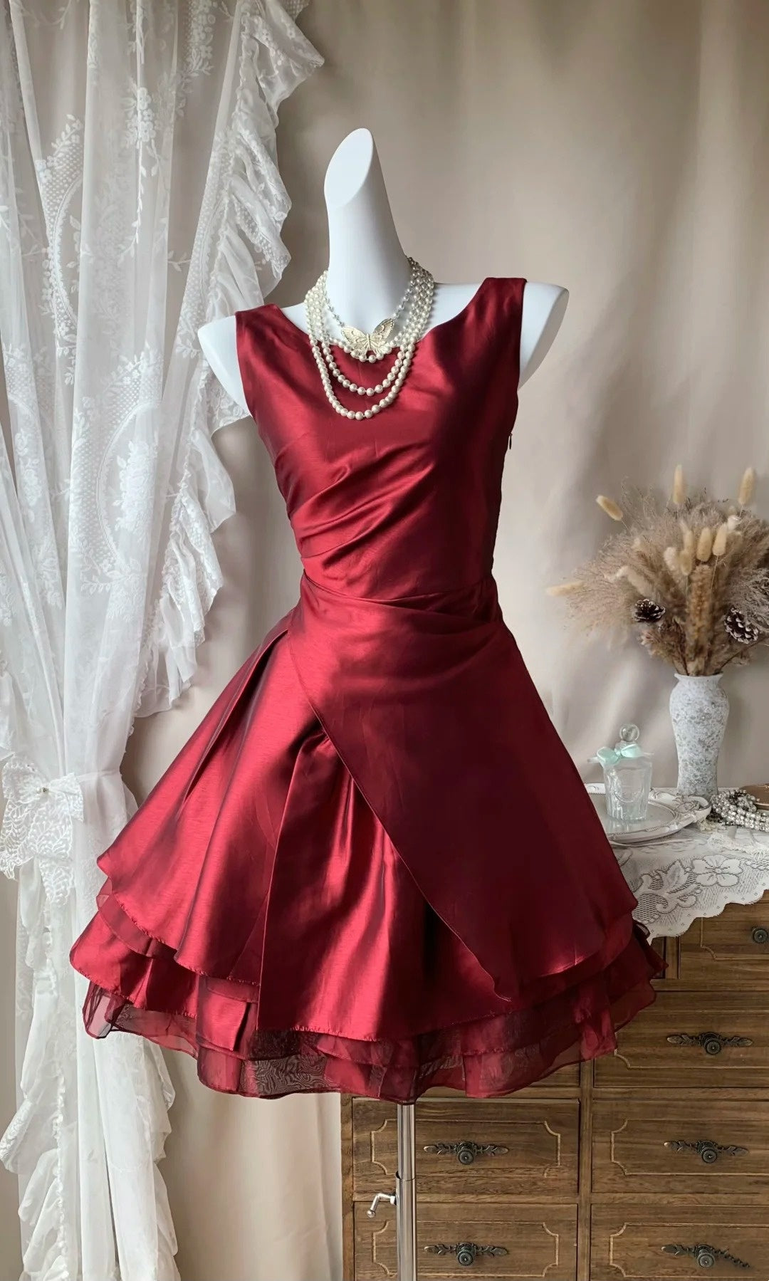 Sleeveless Burgundy Satin Short Homecoming Dress Birthday Dress  P2666