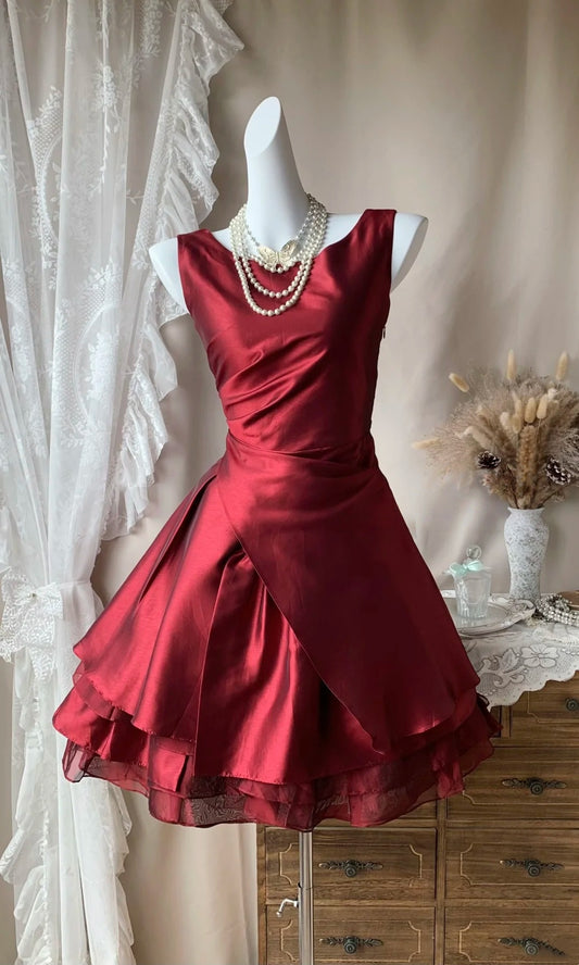 Sleeveless Burgundy Satin Short Homecoming Dress Birthday Dress  P2666