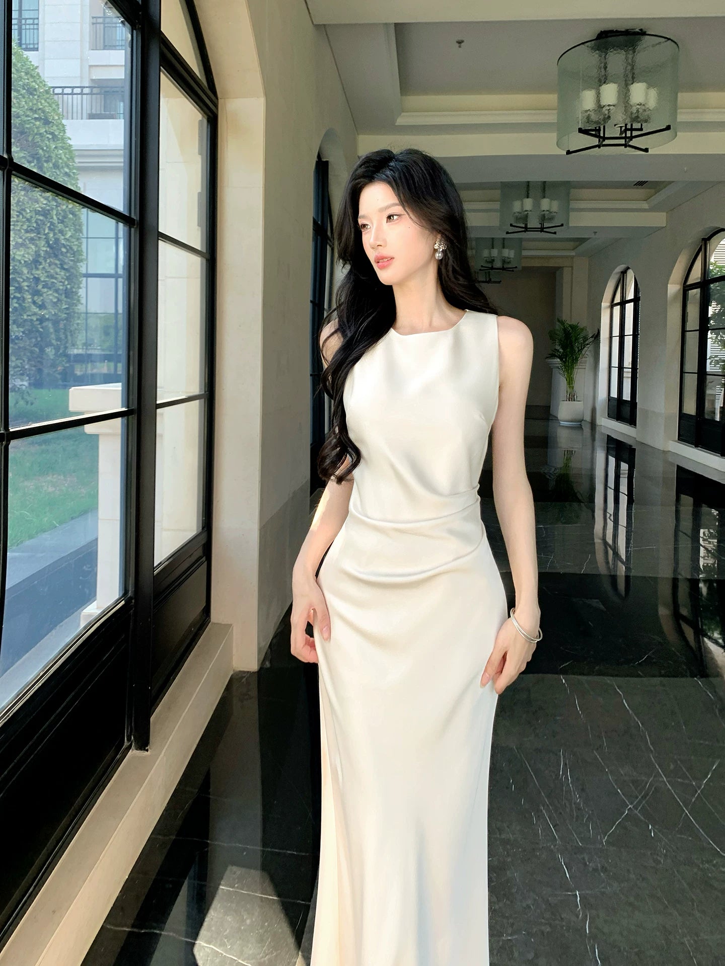 Sleeveless Mermaid Satin Evening Dress Modest Wedding Dress  P1657