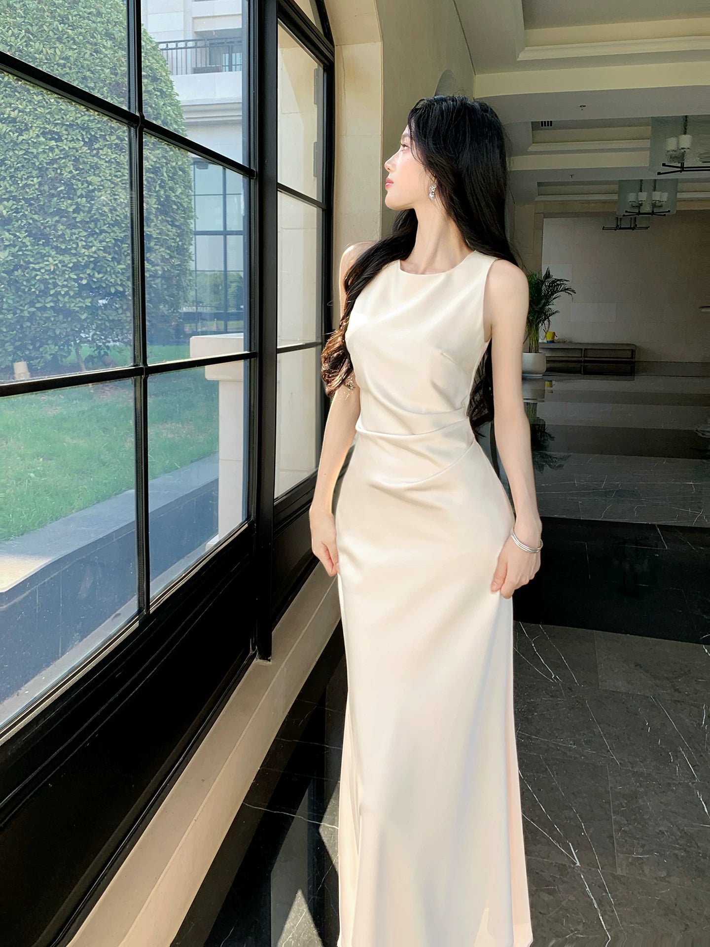 Sleeveless Mermaid Satin Evening Dress Modest Wedding Dress  P1657