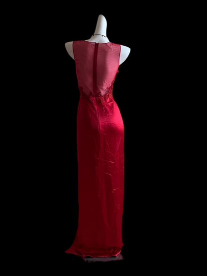 Sleeveless Red Satin Formal Wedding Guest Dress With Appliques  P2412