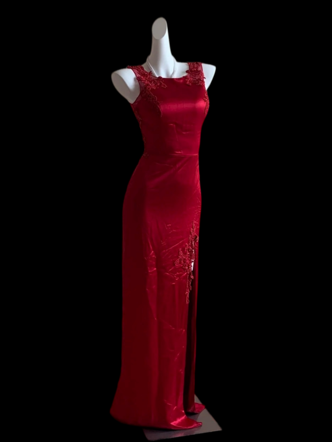 Sleeveless Red Satin Formal Wedding Guest Dress With Appliques  P2412