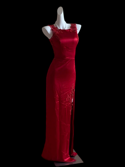 Sleeveless Red Satin Formal Wedding Guest Dress With Appliques  P2412