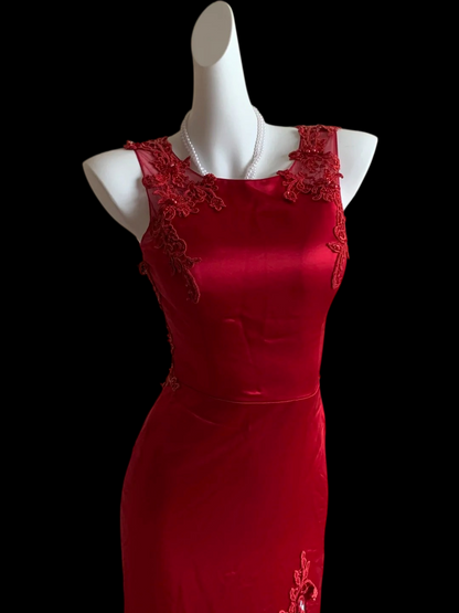 Sleeveless Red Satin Formal Wedding Guest Dress With Appliques  P2412