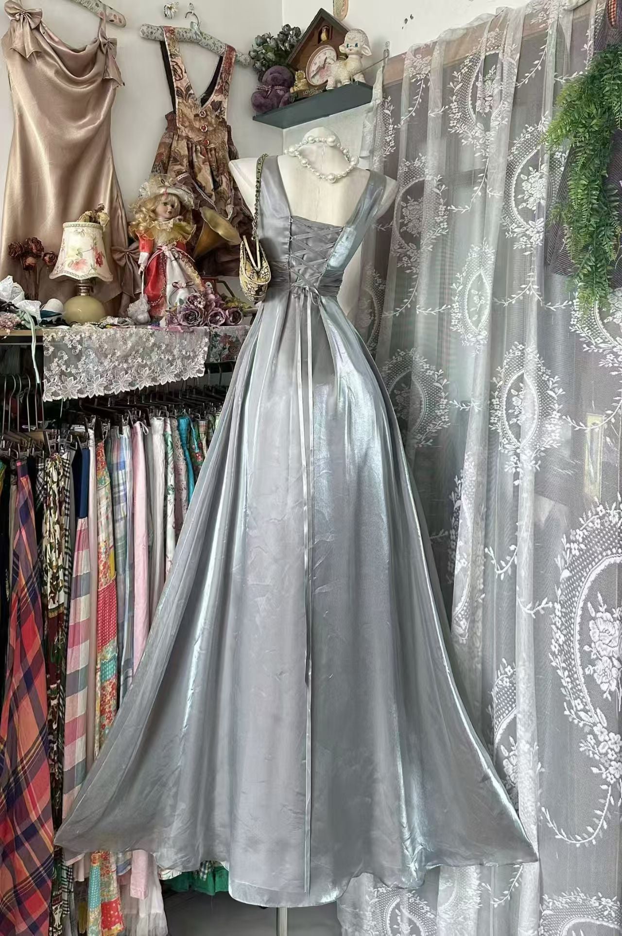 Sleeveless Sliver A Line Prom Dress Formal Wedding Guest Dress  P2089