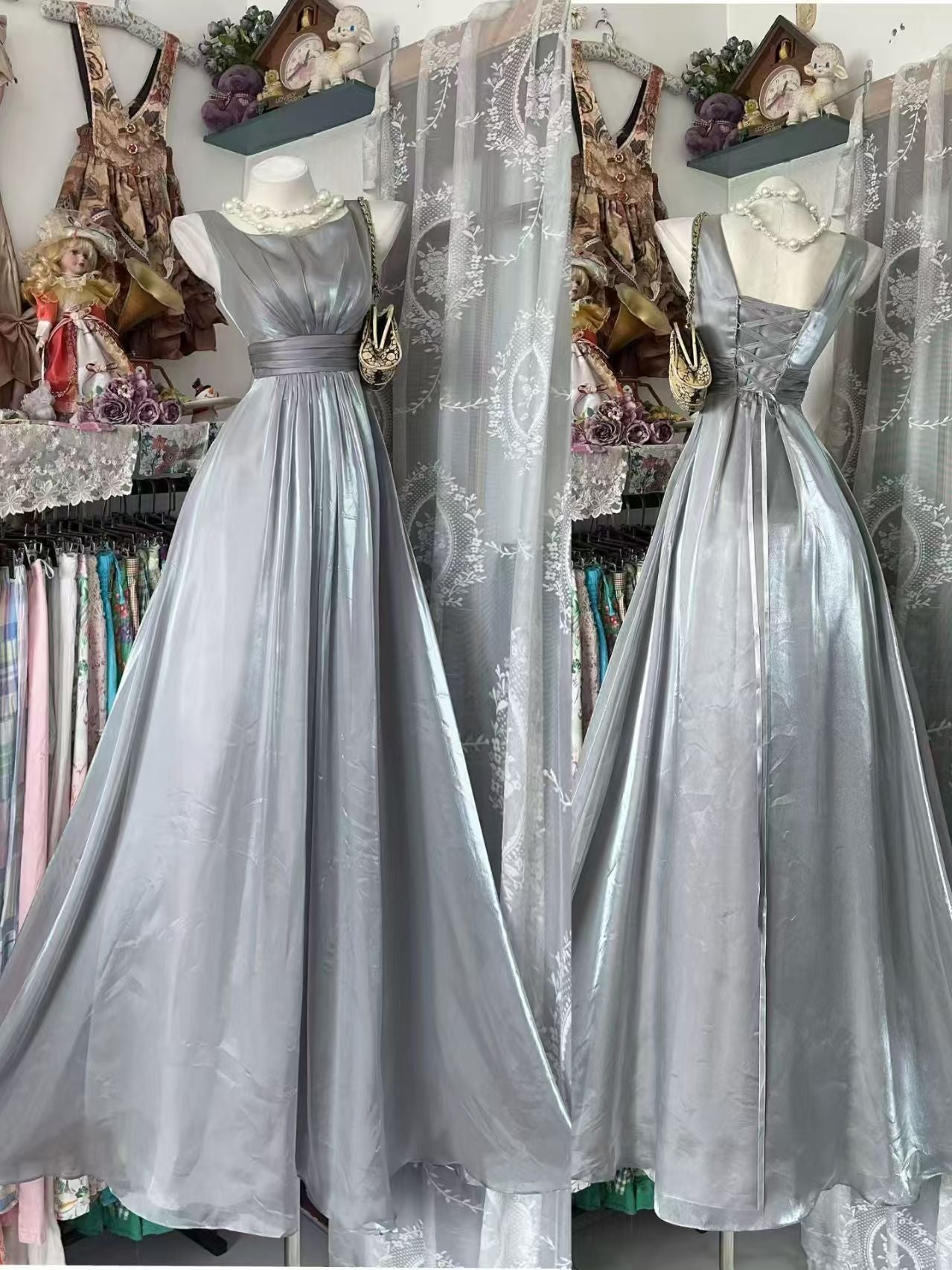 Sleeveless Sliver A Line Prom Dress Formal Wedding Guest Dress  P2089