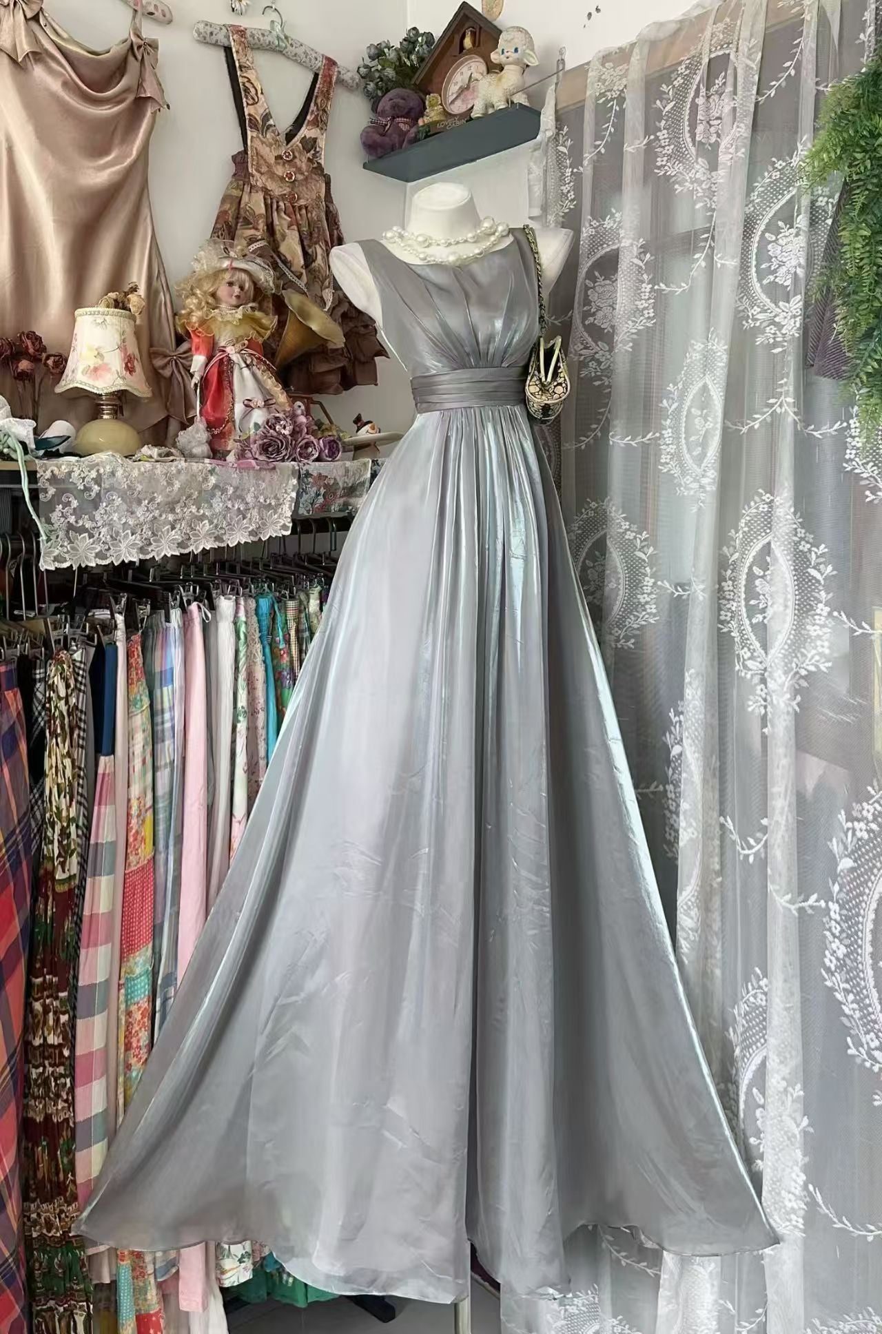 Sleeveless Sliver A Line Prom Dress Formal Wedding Guest Dress  P2089