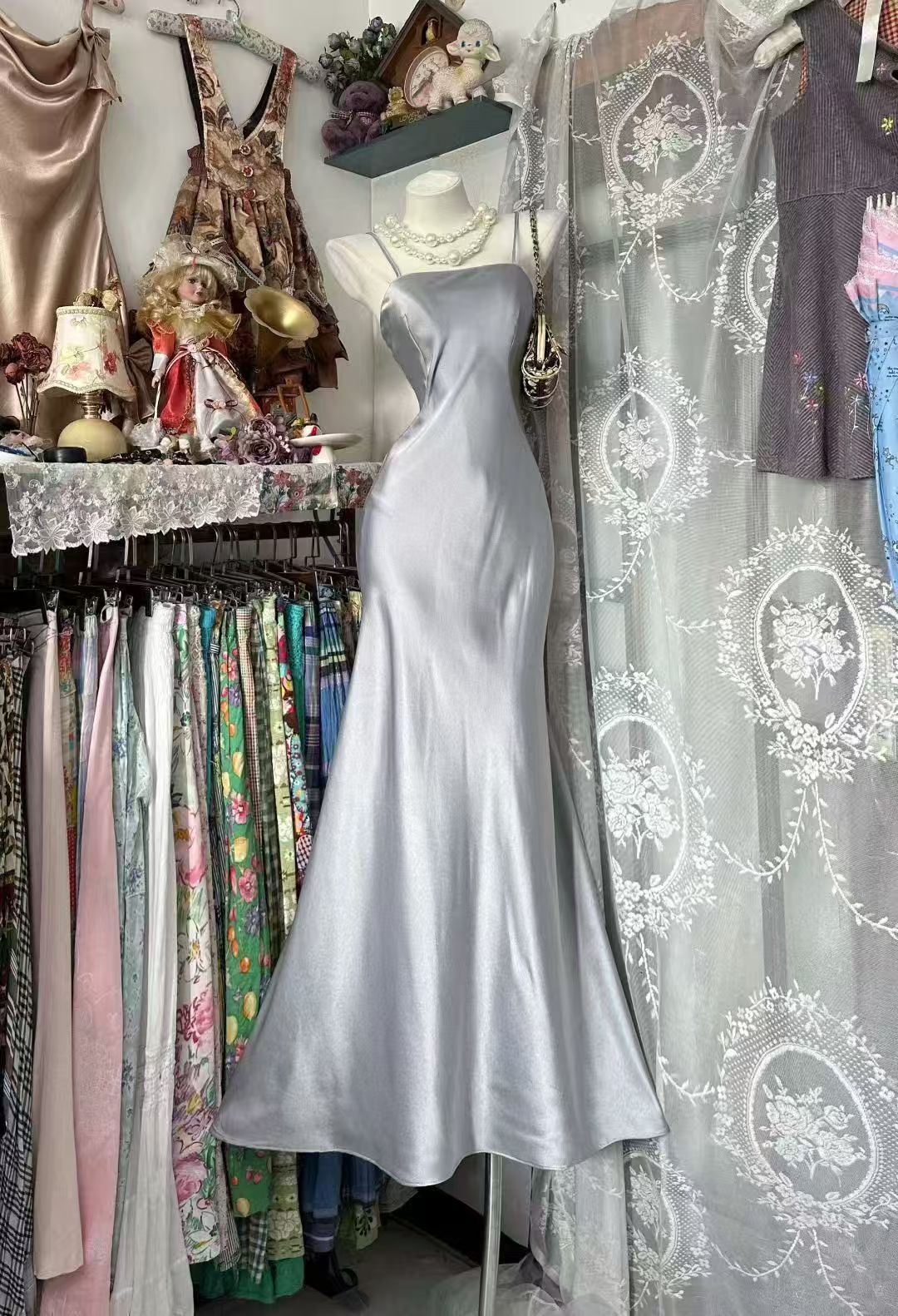 Sliver Gray Satin Formal Prom Dress Mermaid Evening Dress   P2077