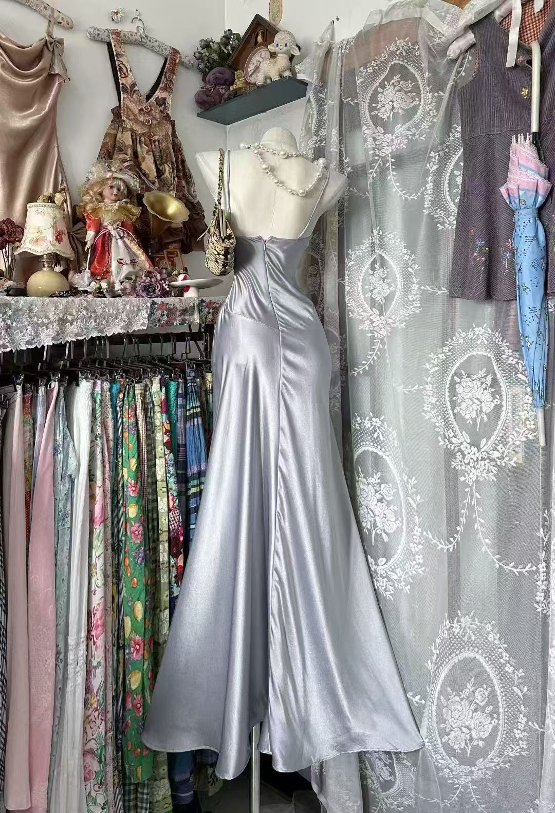 Sliver Gray Satin Formal Prom Dress Mermaid Evening Dress   P2077