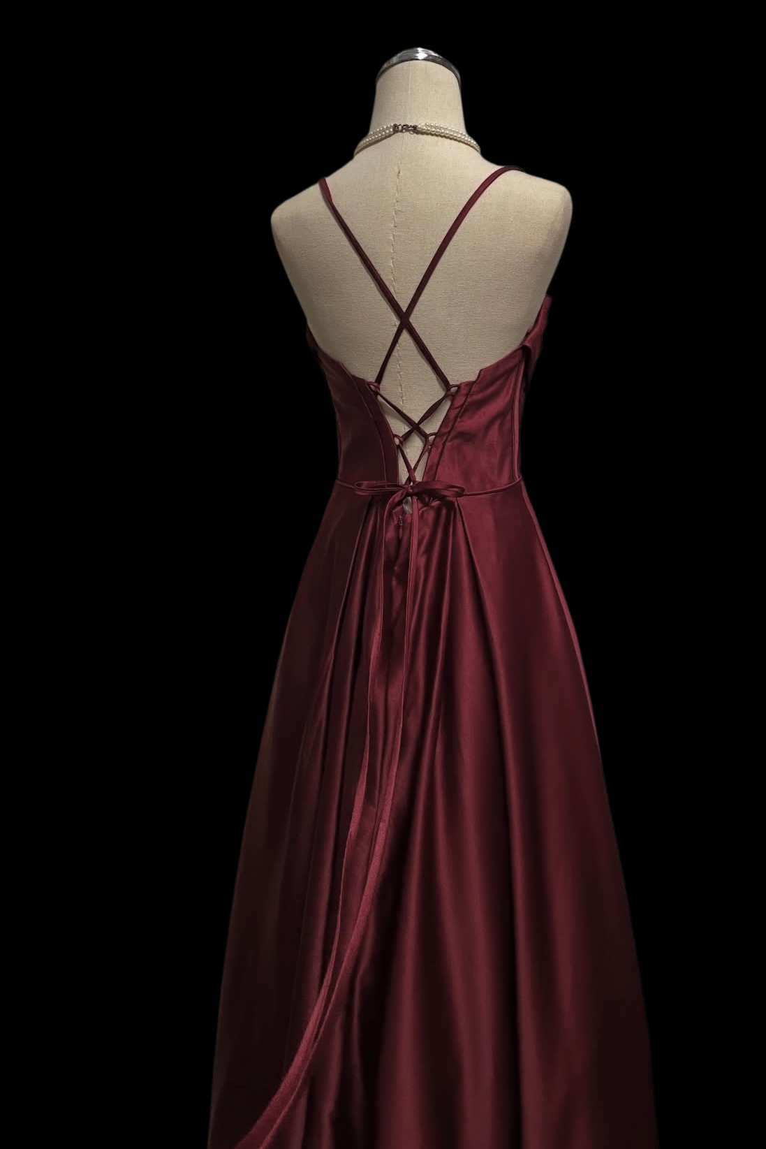 Spaghetti Strap A Line Burgundy Satin Prom Dress  P1054