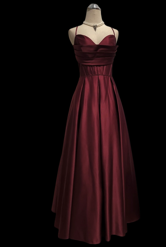Spaghetti Strap A Line Burgundy Satin Prom Dress  P1054