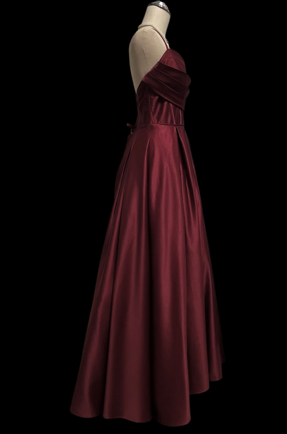 Spaghetti Strap A Line Burgundy Satin Prom Dress  P1054