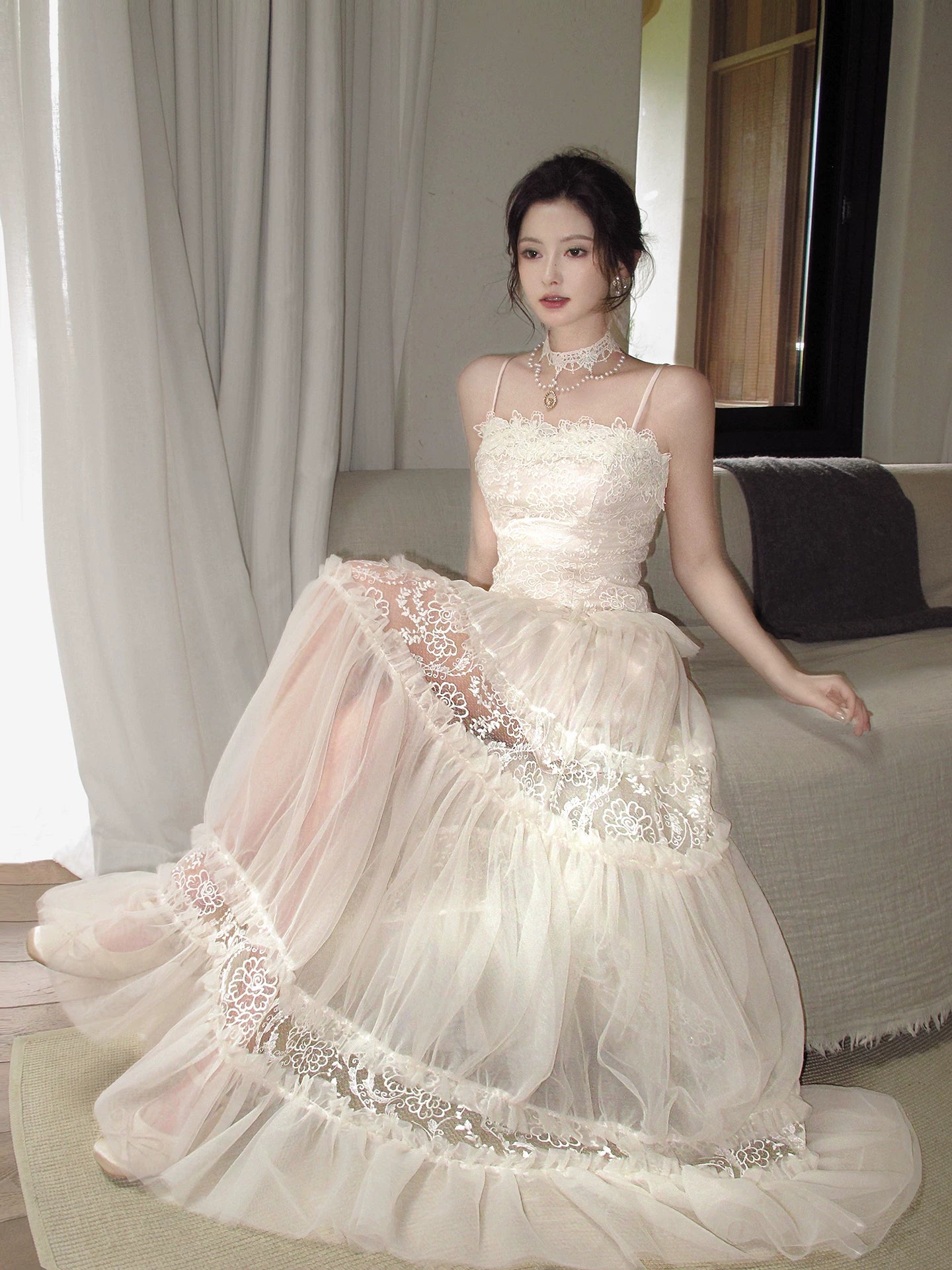 Spaghetti Strap  A Line Lace Wedding Dress Ruffled Bridal Gown  L88