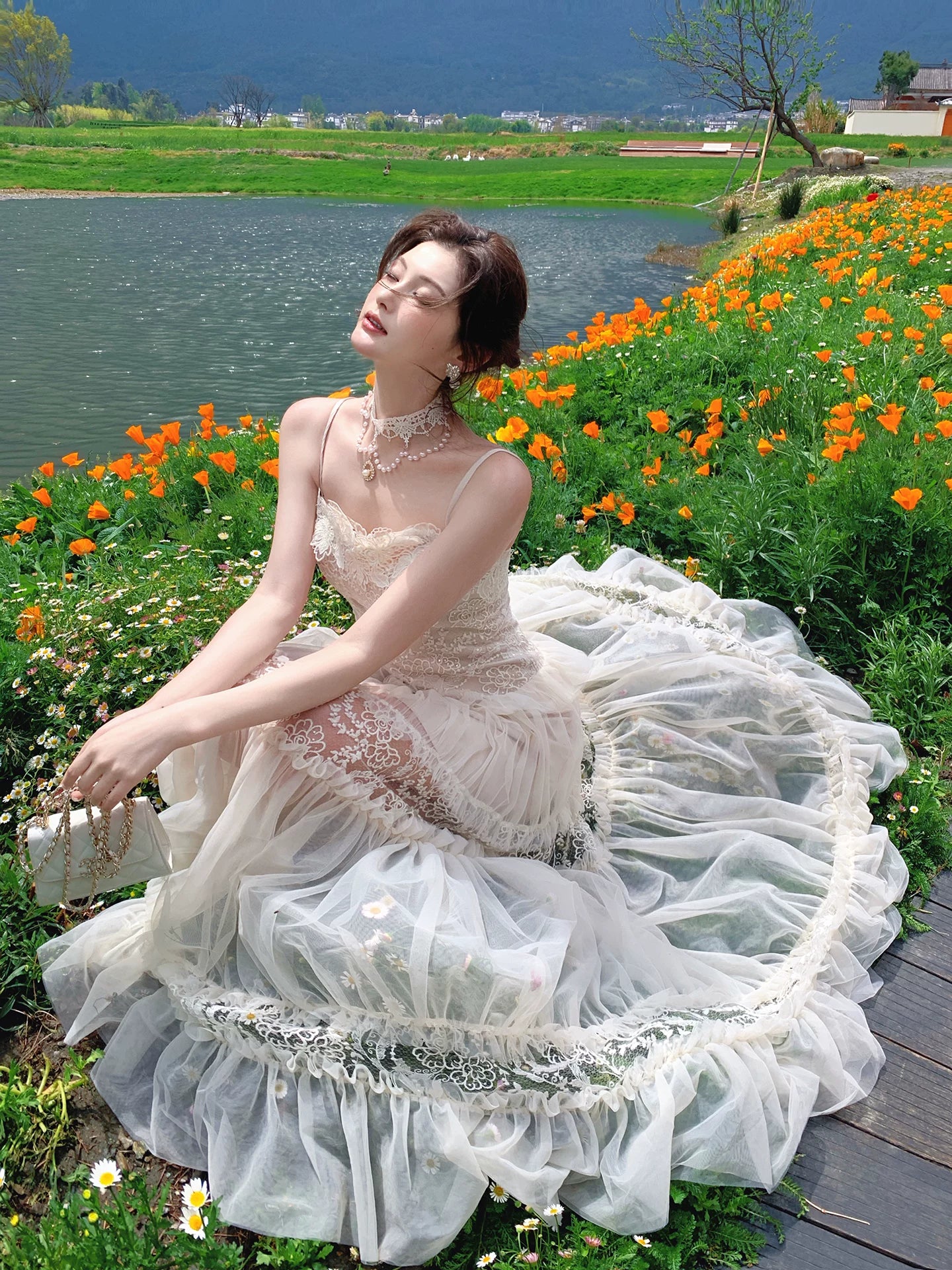 Spaghetti Strap  A Line Lace Wedding Dress Ruffled Bridal Gown  L88