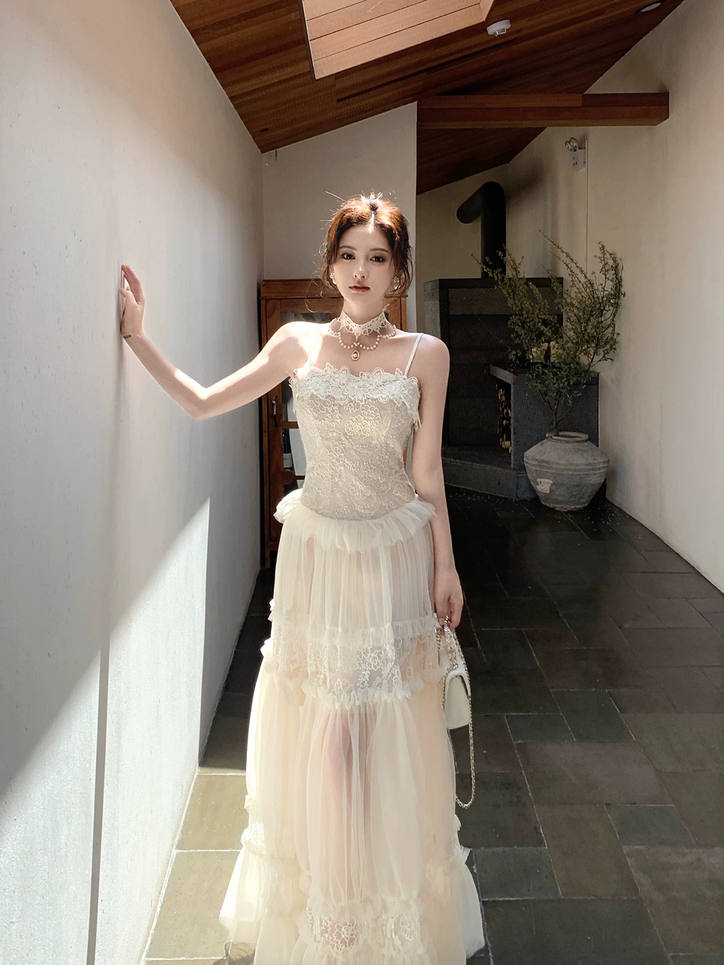 Spaghetti Strap  A Line Lace Wedding Dress Ruffled Bridal Gown  L88