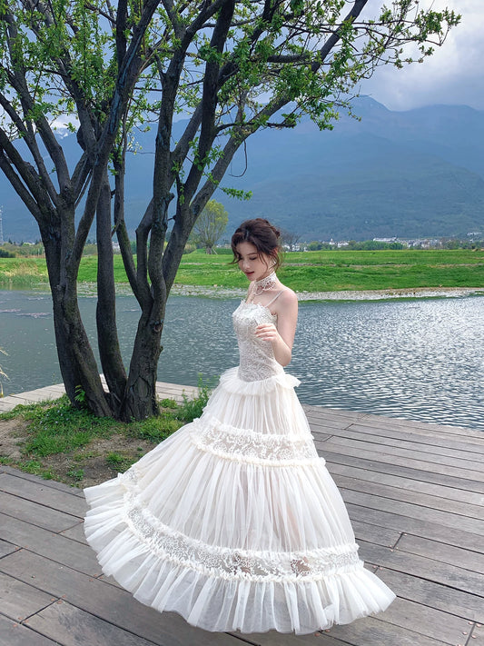 Spaghetti Strap  A Line Lace Wedding Dress Ruffled Bridal Gown  L88