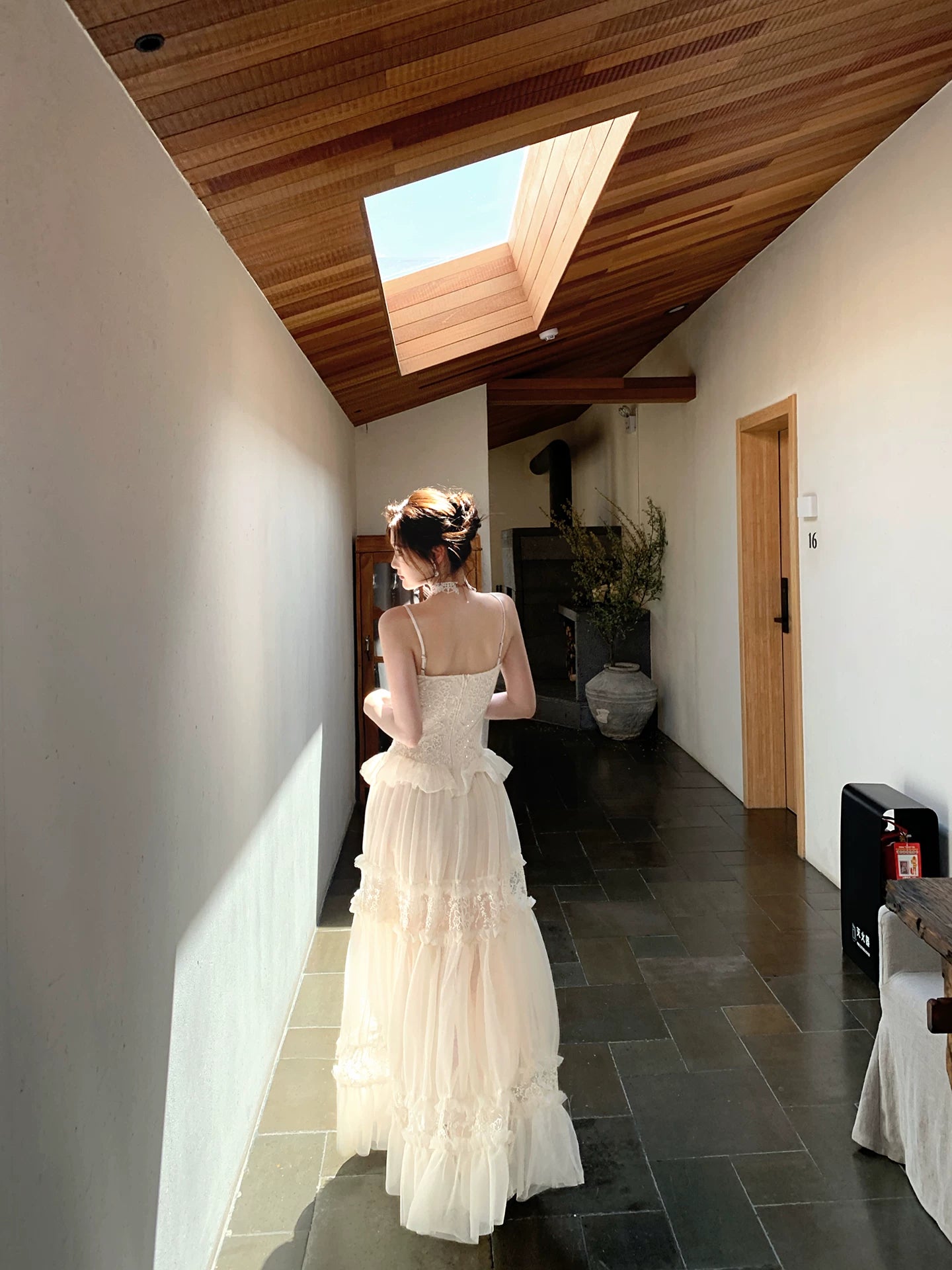Spaghetti Strap  A Line Lace Wedding Dress Ruffled Bridal Gown  L88