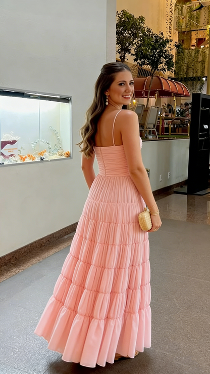 Spaghetti Strap A Line Pink Prom Dress Chiffon Wedding Guest Dress  P814
