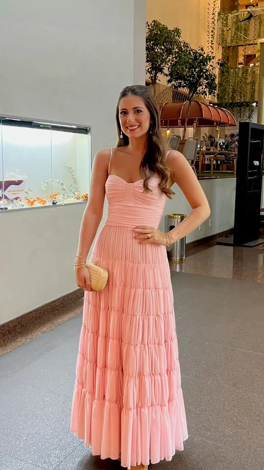 Spaghetti Strap A Line Pink Prom Dress Chiffon Wedding Guest Dress  P814