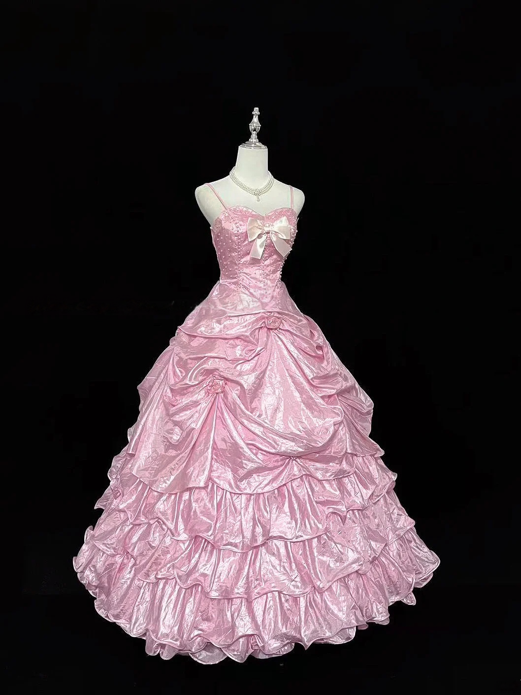 Spaghetti Strap A Line Pink Prom Dress Layered Sweet 16 Birthday Dress  P1170