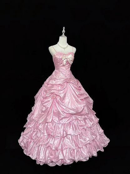 Spaghetti Strap A Line Pink Prom Dress Layered Sweet 16 Birthday Dress  P1170
