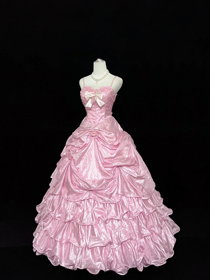 Spaghetti Strap A Line Pink Prom Dress Layered Sweet 16 Birthday Dress  P1170