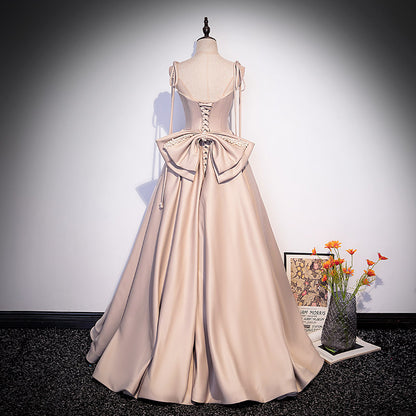 Spaghetti Strap A Line Pink Satin Prom Dress Sweet Birthday Dress with Bow  P1239
