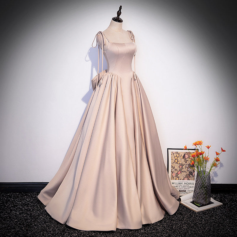Spaghetti Strap A Line Pink Satin Prom Dress Sweet Birthday Dress with Bow  P1239