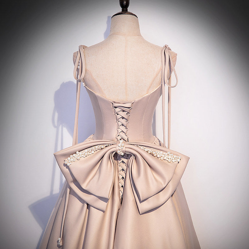 Spaghetti Strap A Line Pink Satin Prom Dress Sweet Birthday Dress with Bow  P1239