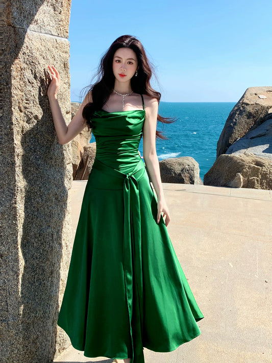 Spaghetti Strap A Line Satin Prom Dress Wedding Guest Dress P1397
