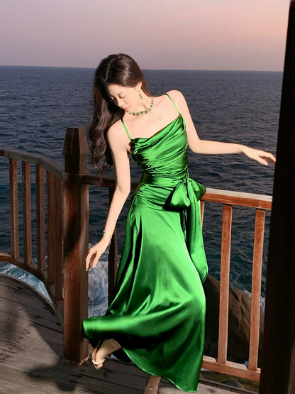 Spaghetti Strap A Line Satin Prom Dress Wedding Guest Dress P1397